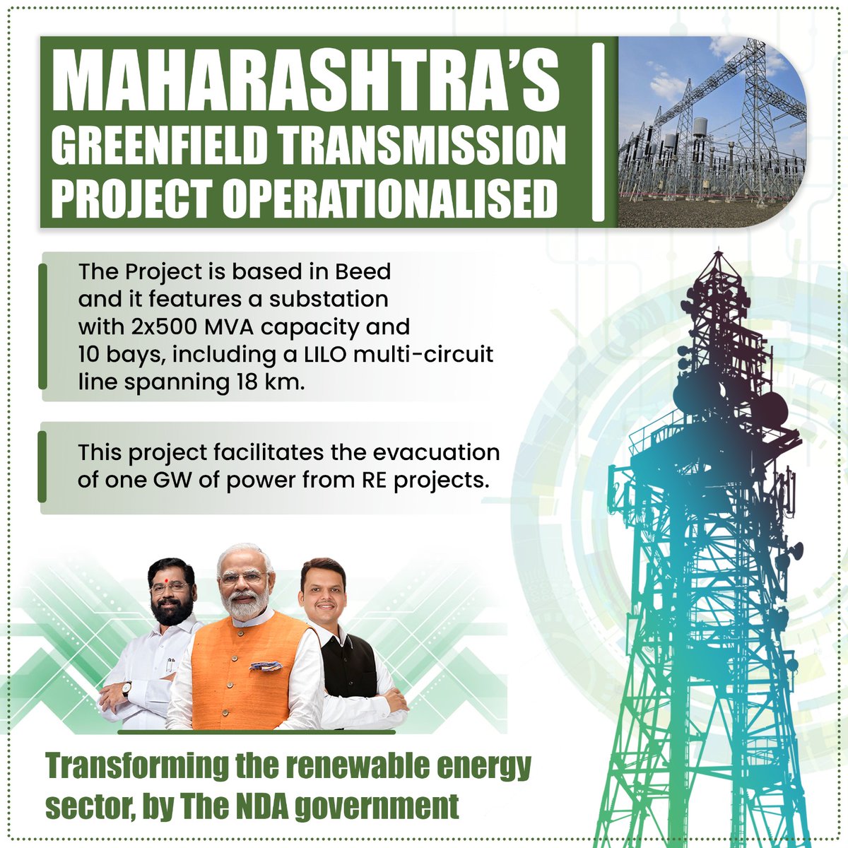 The LILO multi-circuit line spanning 18 km in Beed's transmission project is a vital link in evacuating one GW of power from renewable energy projects. Commendations to CM Eknath Shinde's government for their efforts in advancing clean energy initiatives!