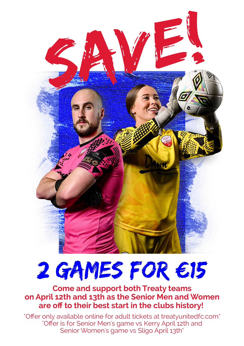 𝗧𝘄𝗼 𝗧𝗲𝗮𝗺𝘀, 𝗢𝗻𝗲 𝗖𝗹𝘂𝗯 💙 Support both Treaty United Senior teams at the Markets Field this weekend with one ticket for just €15! Two huge games against Kerry FC & Sligo Rovers for unbeatable value, grab your tickets below! 👇 🎟️ - TreatyUnitedFC.com/tickets