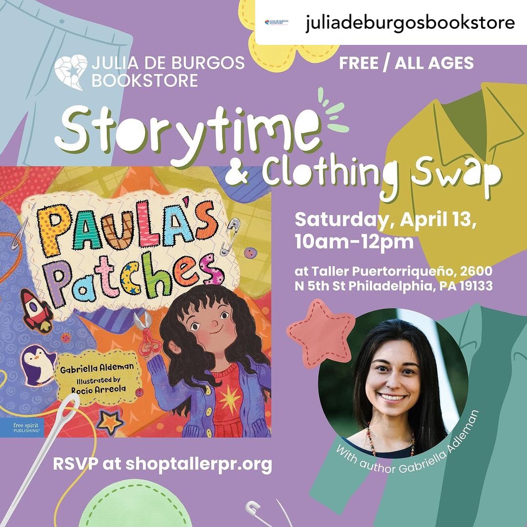 Paula is ready for story time & craft! 📚This Saturday, April 13 📚Julia de Burgos Bookstore. Philadelphia, PA ➡️ shoptallerpr.org/paulaspatches @FreeSpiritBooks @TallerPR #bilingualevent #kidlit #phillyevents