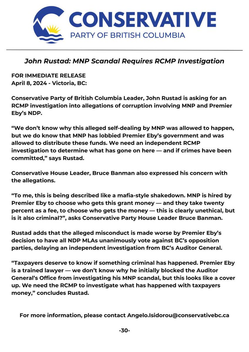 The @Conservative_BC is calling for the RCMP to investigate the allegations of corruption by the NDP. Below is the press release. 
#formerrcmp4change #Transparency #Accountability #mack4change #BC #Conservatives #cpbc #commonsense #westkelowna #peachland #lakecounty #kelowna