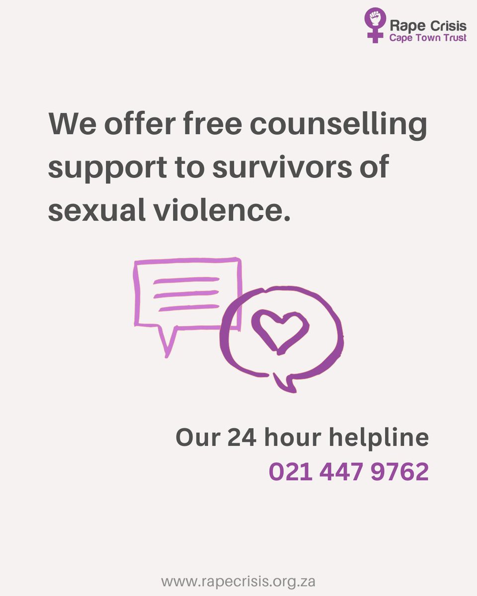 Our counselling support for survivors of sexual violence is free & confidential. WE BELIEVE YOU and we are here to listen.

If you can't speak to anyone, speak to us💜

Our 24hr helpline: 021 447 9762