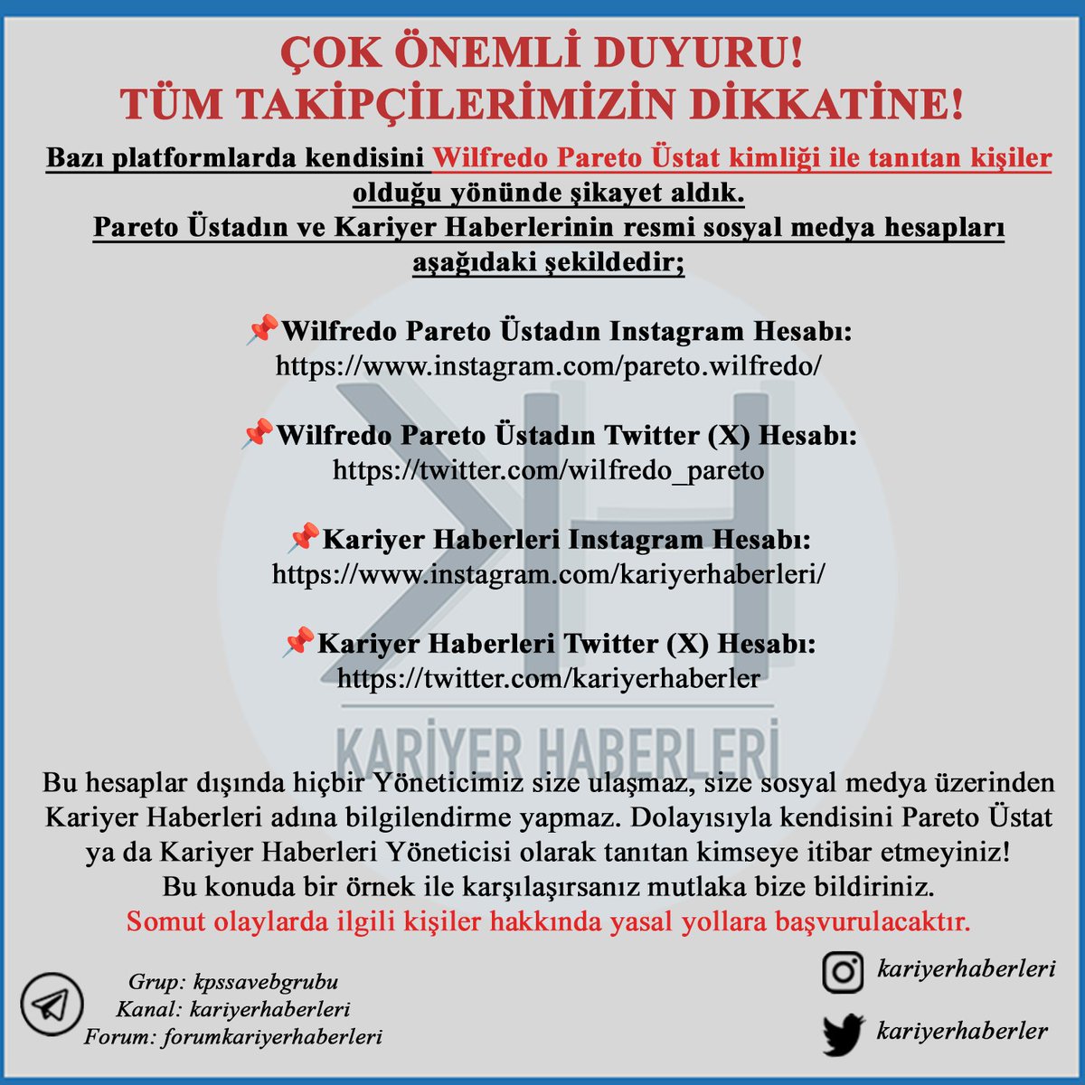 📢⚠️📢 ÇOK ÖNEMLİ DUYURU! TÜM TAKİPÇİLERİMİZİN DİKKATİNE! Bazı platformlarda kendisini Wilfredo Pareto Üstat kimliği ile tanıtan kişiler olduğu yönünde şikayet aldık. Hiçbir yöneticimiz size bizim resmi hesaplarımız dışında ulaşmaz, size bilgi vermez, sizden bir şey talep etmez.