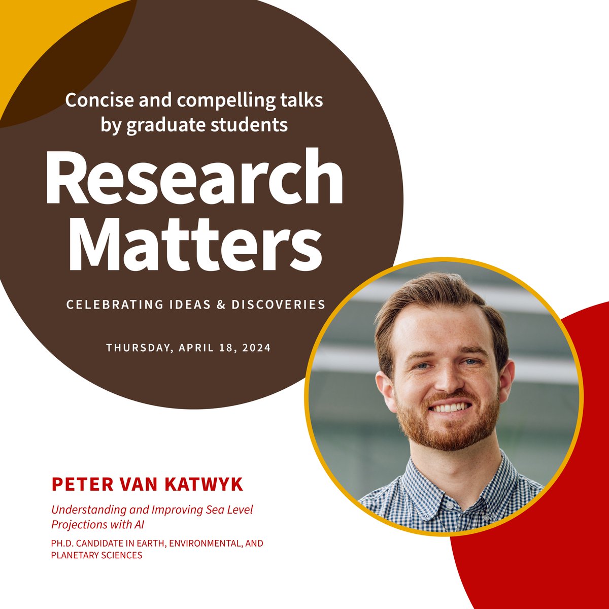 Introducing the 2024 Research Matters Speakers! Peter Van Katwyk, Ph.D. Candidate in Earth, Environmental, and Planetary Sciences Understanding and Improving Sea Level Projections with AI Next week: April 18 | 4 pm | Grant Recital Hall graduateschool.brown.edu/research-matte… @Brown_DEEPS