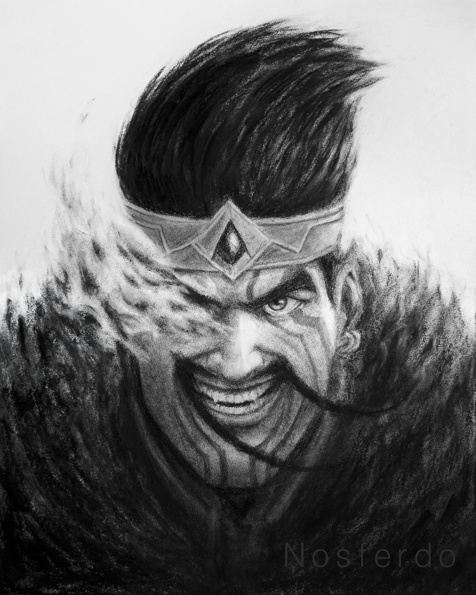 Nosferdo's tweet photo. A charcoal commission I made a while back. The request was that the chin would be big and manly as it is on Draven 😂 https://t.co/8qP4yKLsTw