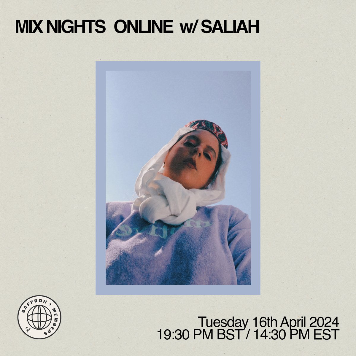 Yes, yes! @SaliahTweets steps up to host our April online workshop 💻 Join her to learn about into her approach to multi-genre mixing, with a focus on Arabic music 🌍 For women and NB people worldwide 🎟️Free for @saffronrecords members 🔗 Full info: tinyurl.com/3ks7ucbj