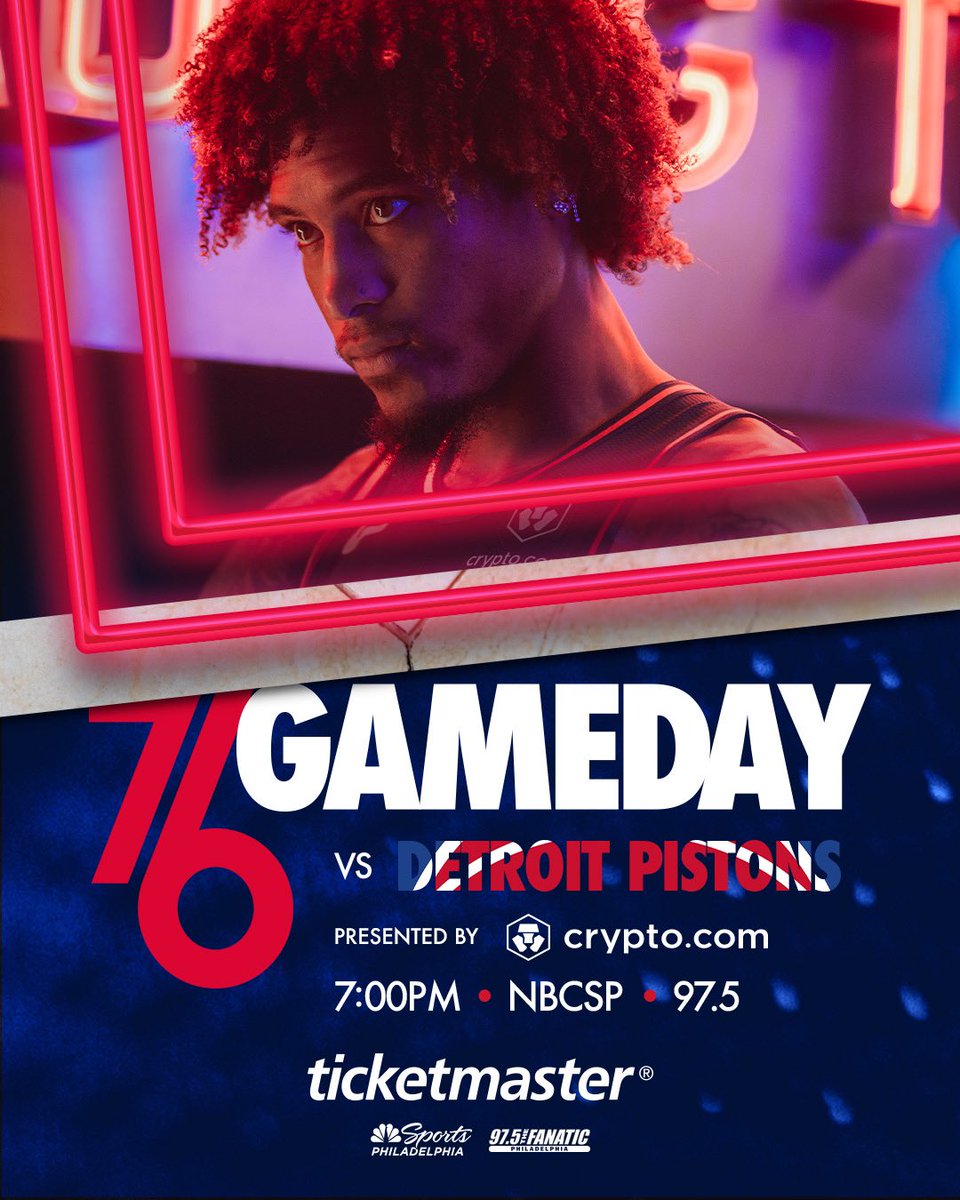 game 8️⃣0️⃣. 🕖 7:00 PM 📺 @NBCSPhilly 📻 @975TheFanatic 🏀 @DetroitPistons 🎟️ Bit.ly/47u9VnM pres. by @Ticketmaster