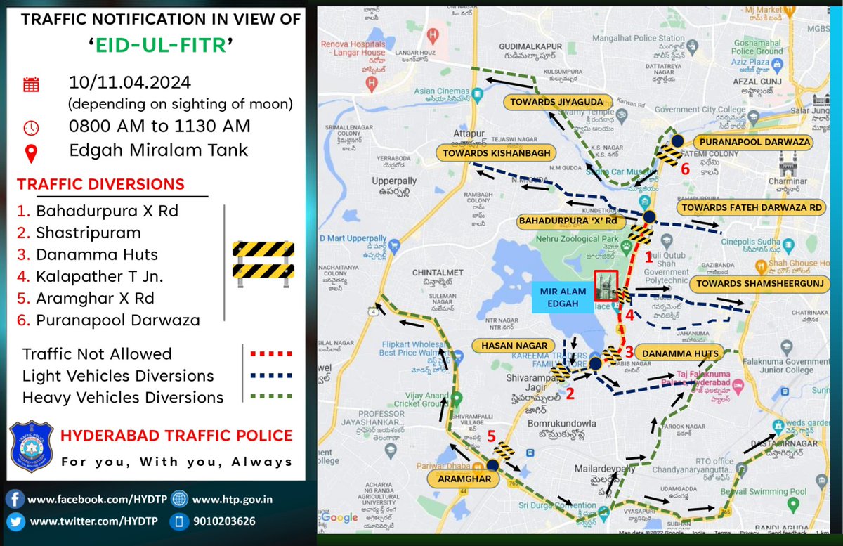 #TrafficAdvisory 𝐍𝐎𝐓𝐈𝐅𝐈𝐂𝐀𝐓𝐈𝐎𝐍 In exercise of the powers conferred upon me under section 21(1)(b) of the Hyderabad City Police Act, I, K. Sreenivasa Reddy, IPS., @CPHydCity do hereby notify for information of the general public that... facebook.com/hyderabadpolic…