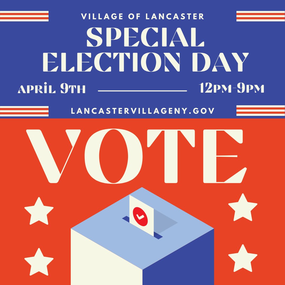 The Runoff Special Election is TODAY! 

Come to the Village of Lancaster's Municipal Building from noon-9:00p.m. and VOTE! 

Your vote matters! Every vote counts!