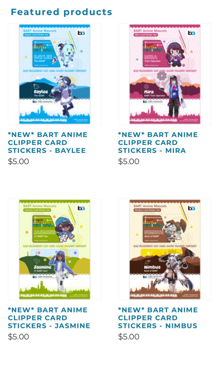 Cover your transit card with a BART paper ticket sticker or a BART anime mascot sticker. Both available on our merch store or at the Lake Merritt Customer Service Center. railgoods.com