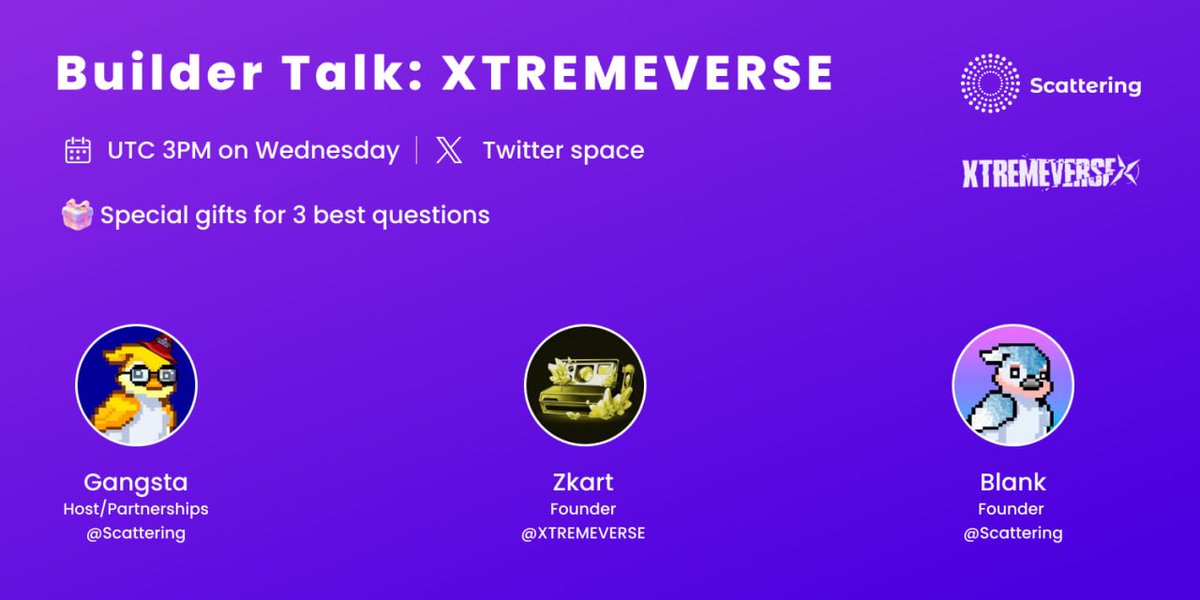 🎙️404 Builder Talk with Xtremeverse Team 🎙️

Hi Scatters, we are honored to have @zkart_eth from
@0xtremeverse, the first DN404 gaming NFT on ETH, as the guest to talk about DN404 and games.

♻️RT&Follow, Comment a question
🎁Special gifts for 3 winners 
📅Wednesday, 3PM UTC