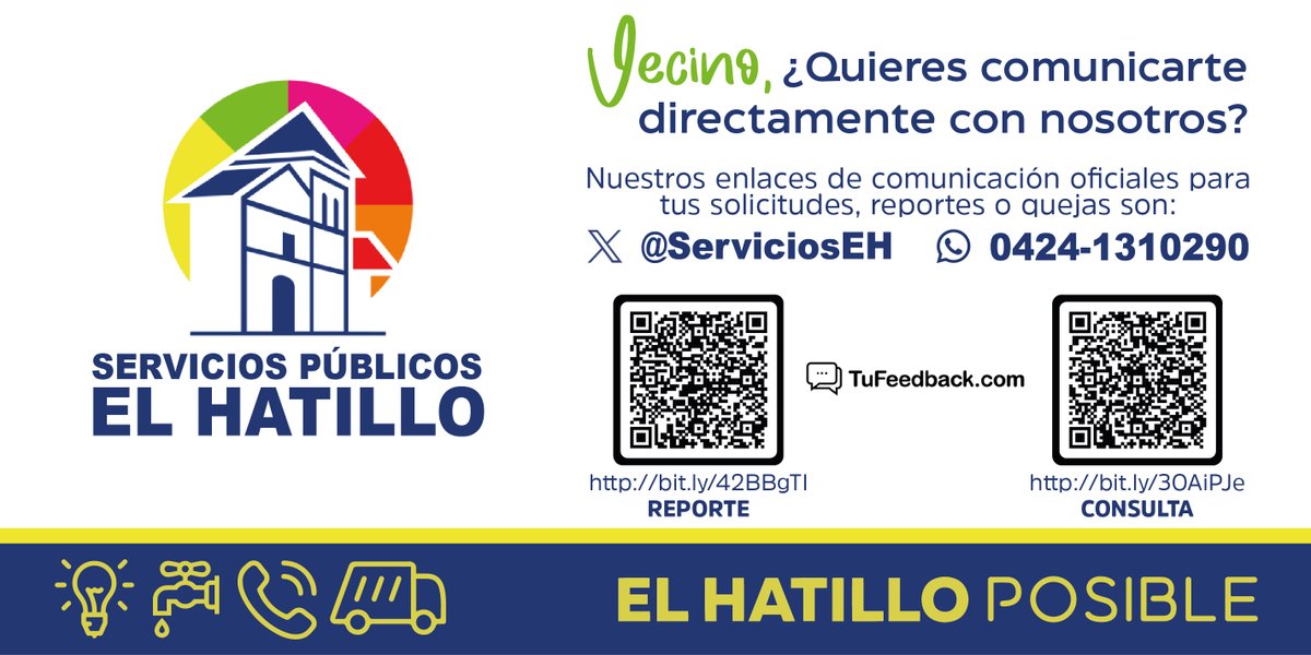 ServiciosEH's tweet image. Vecino, les dejamos los medios para poder comunicarse con la Dirección de #ServiciosPúblicosElHatillo y atender de manera eficiente sus inquietudes.  También puedes hacernos llegar tus reportes y luego consulta, a través de #tufeedback 

@ElHatillo
@eliasayegh
#ElHatilloPosible