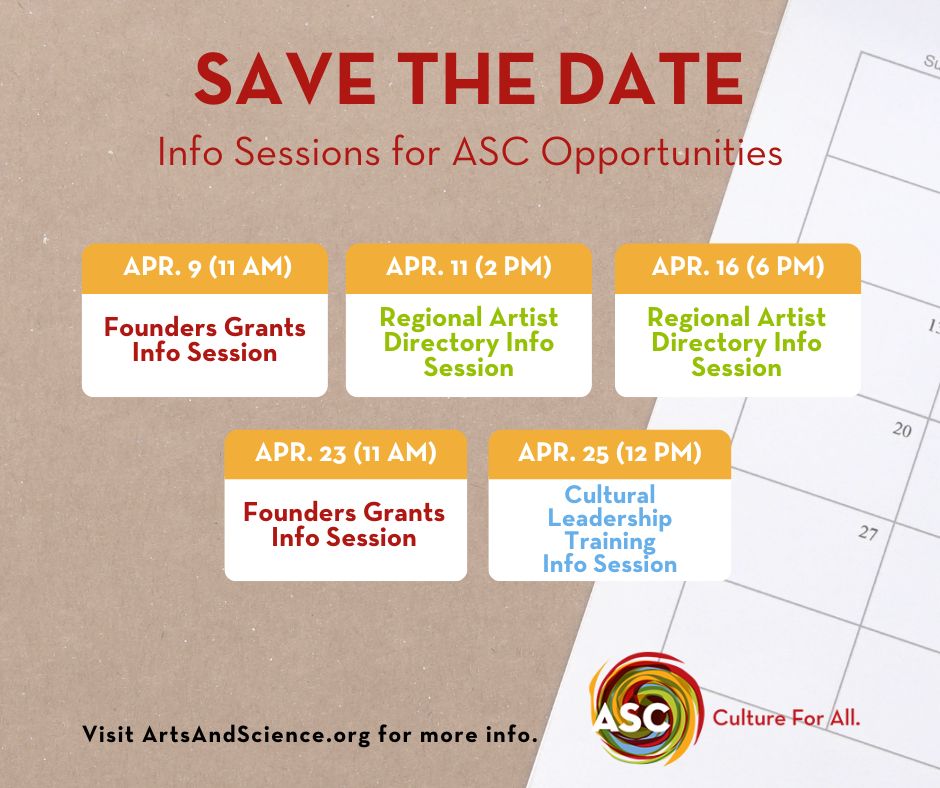 There's a lot of exciting opportunities for creatives this spring, and our team is ready to answer your questions! Join us at one of the upcoming info sessions: ArtsAndScience.org