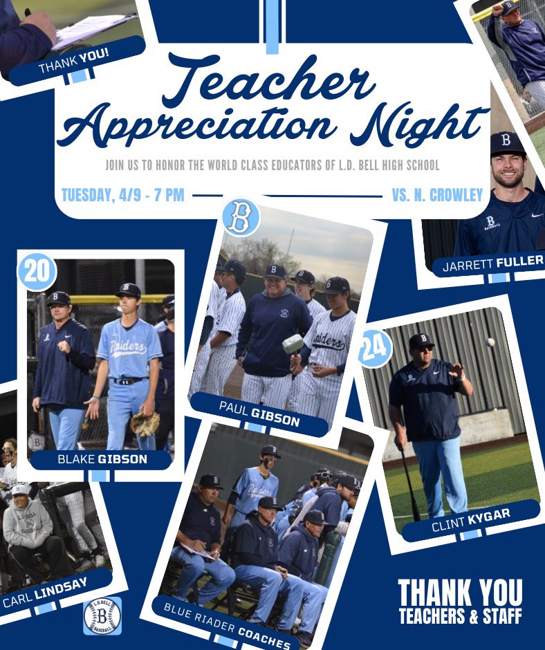 GAME DAY!!! Raiders are at home again tonight against North Crowley! It is also our Teacher Appreciation Night! Come out and support our guys, as well as our teachers as we honor them tonight! Thank you to all of our teachers and staff for all you do here at L.D. Bell!