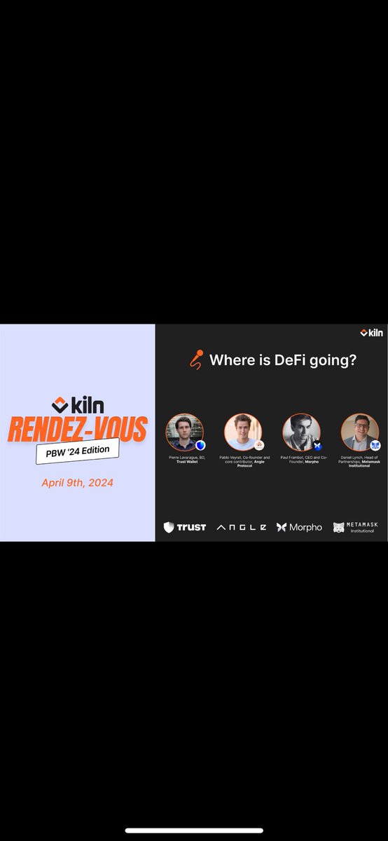 Such a great panel with @danieljosep_eth from @MMInstitutional , @PierreLavarague from @TrustWallet, @pablo_veyrat from @AngleProtocol, @PaulFrambot from @MorphoLabs on 'Where is DeFi going?” Discussed: ✅ DeFi Adapters ✅ P&L reporting ✅ Experience for users/institutions