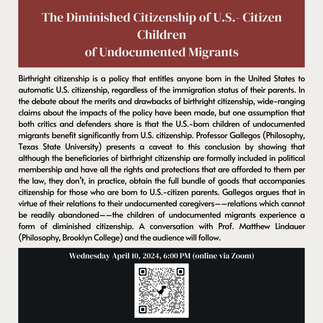 TOMORROW: How is the citizenship of US-born children of undocumented migrants dimished and what can we do about it? Join the conversation. Wed. April 10th at 6PM Online Zoom pre-registration link:brooklyn-cuny-edu.zoom.us/meeting/regist… @bcthinkers @issobc @bc_prls @bchistorydept @bcphildept