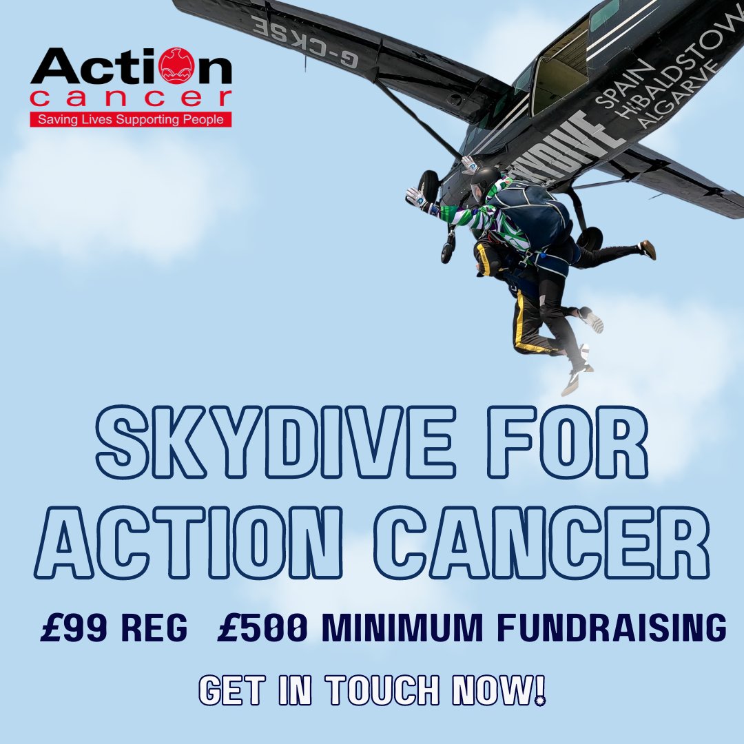 📢Calling all daredevils! 📢 Skydive for Action Cancer in 2024! Raise money to help us continue saving lives accross Northern Ireland. ✅Choose a date that suits you ✅Fundraise £500 ✅Experiance something amazing! For more info actioncancer.org/event/skydive-…