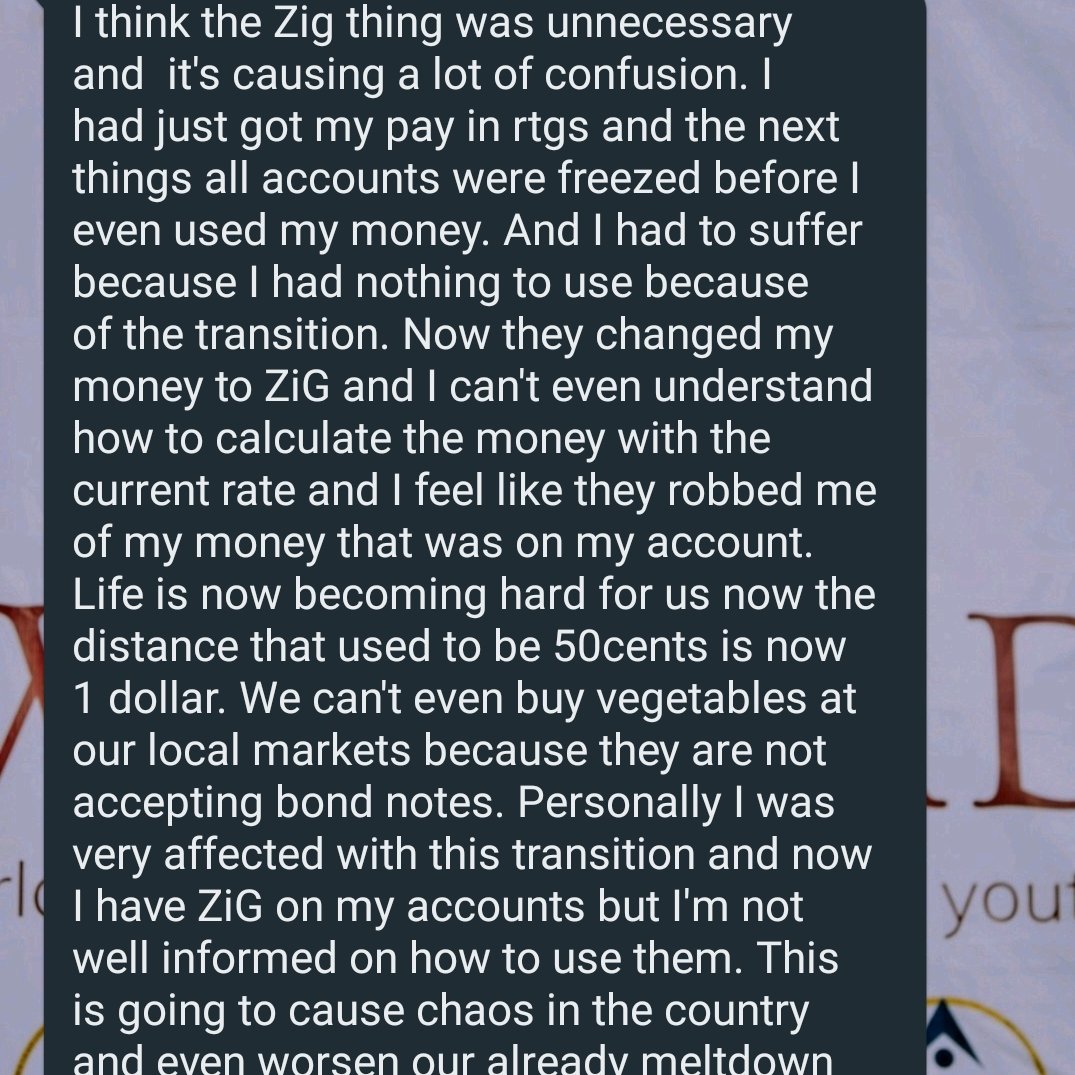 'The ZiG thing was not necessary, and it's causing a lot of confusion,'  a young woman said. We will continue to share young people's opinions. @namataik_ @johncollinsZW @AdvMunhangu @UNIZIMTRUST @natarciatee @pr