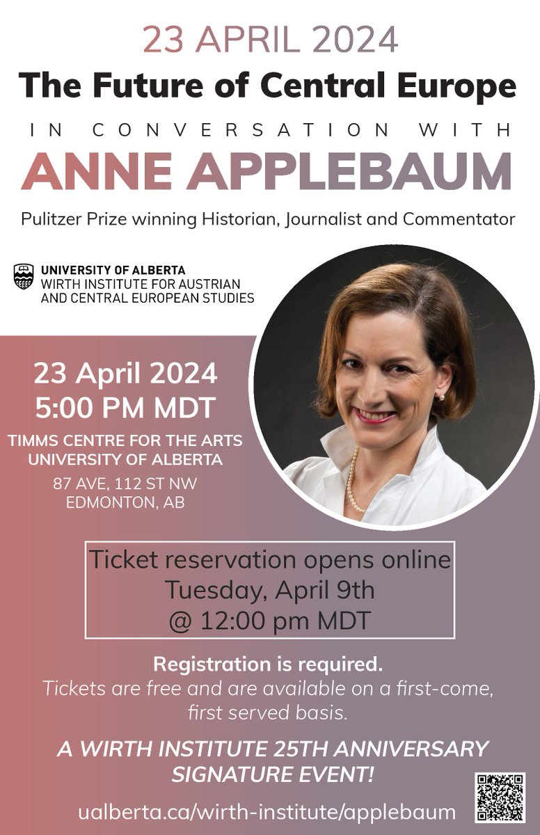 Ticket registration opens TODAY@ 12:00 pm MDT! Don't miss out on your chance to see Pulitzer Prize winning historian and renowned journalist Anne Applebaum live at the TIMMS Centre!

ualberta.ca/wirth-institut…