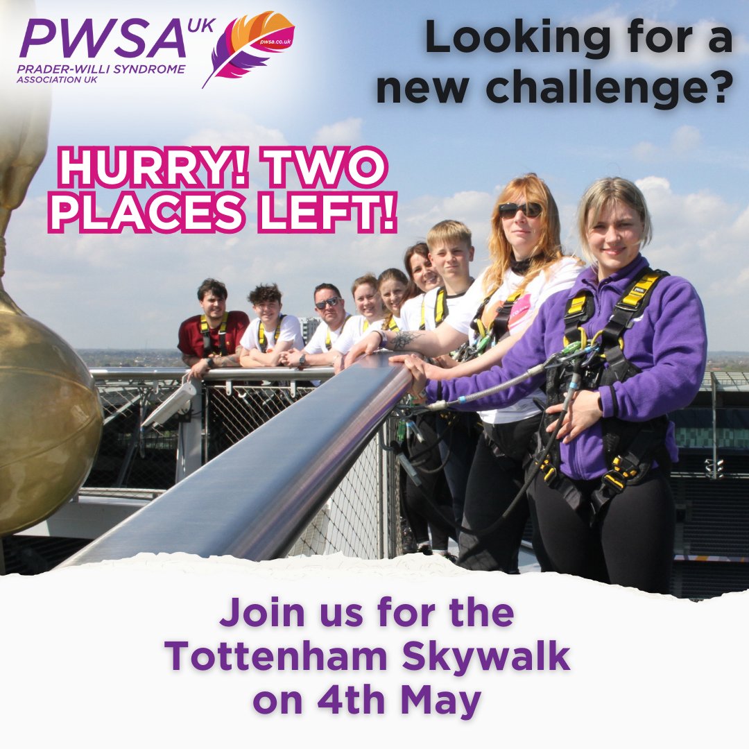 We have just TWO places left on our Dare Skywalk at Tottenham Hotspur's stadium on 4th May. Help raise vital funds for PWSA UK while also enjoying breathtaking views of London. Interested? Contact Lizzie at lpratt@pwsa.co.uk for more information. #PraderWilliSyndrome