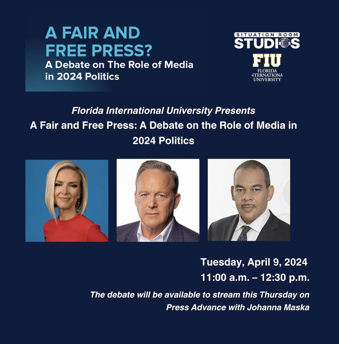 Our CEO @JohannaMaska will be joined by @seanspicer and @WillardNBC6 for a debate on the role of media in the 2024 elections. This event is hosted by the #FloridaInternationalUniversity and will be available on the #PressAdvance podcast this Thursday.