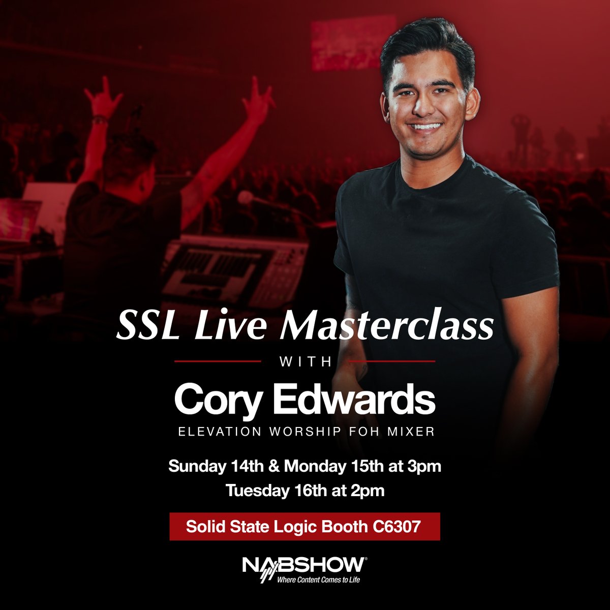 NAB Show 2024: Touring, Installed Sound and Church Audio - Deliver a Superior Sonic Performance with SSL Live -SSL live from the studio to the stage -Advanced workflow for live sound -SSL Live Masterclass w/ Cory Edwards of Elevation Worship bit.ly/SSLNAB2024