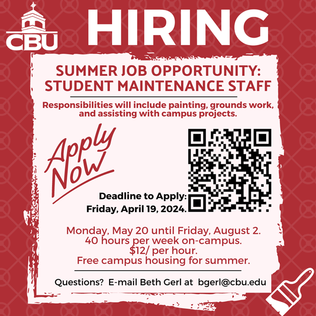 Free housing for the summer... $12/hour... and an opportunity to beautify this @FromCBU campus🤯 #GoBucs #SummerCampusJobs #CBU