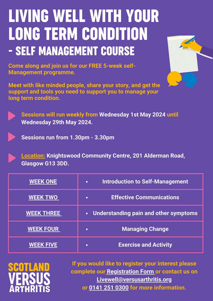 Our 'Living Well with your Long Term Condition' Self Management Course will be coming to Glasgow from Wednesday 1st May 2024! 💜 If you would be interested in coming along and joining us please book your place now: bit.ly/4cQXB4s