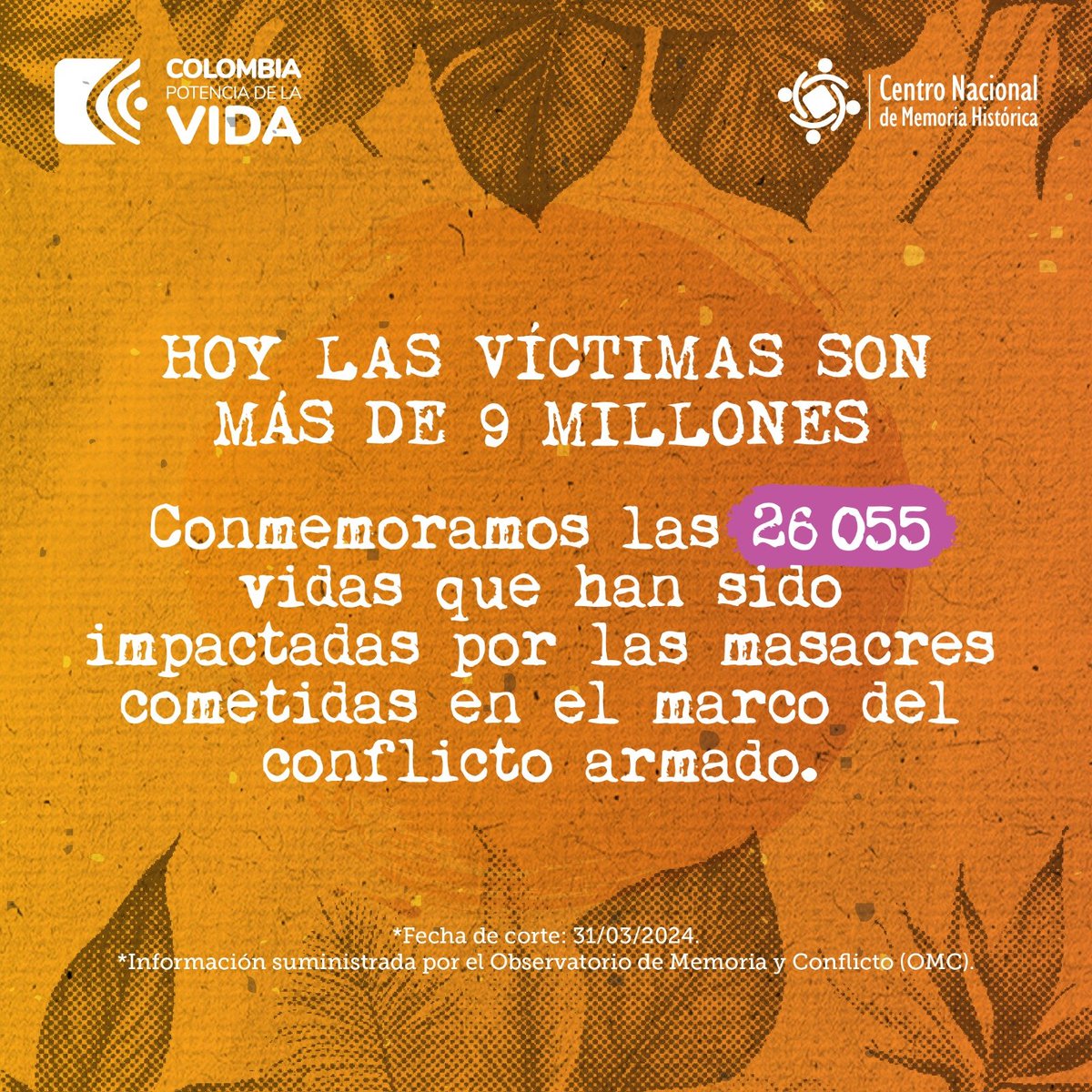 #LaMemoriaViveYResiste | Desde 1944 hasta 2023, se registraron 4491 masacres en Colombia🇨🇴, que dejaron un total de 26055 víctimas. La mayoría de estos hechos victimizantes fueron perpetrados por grupos paramilitares, seguidos por la guerrilla y agentes del Estado #HoyLasVíctimas