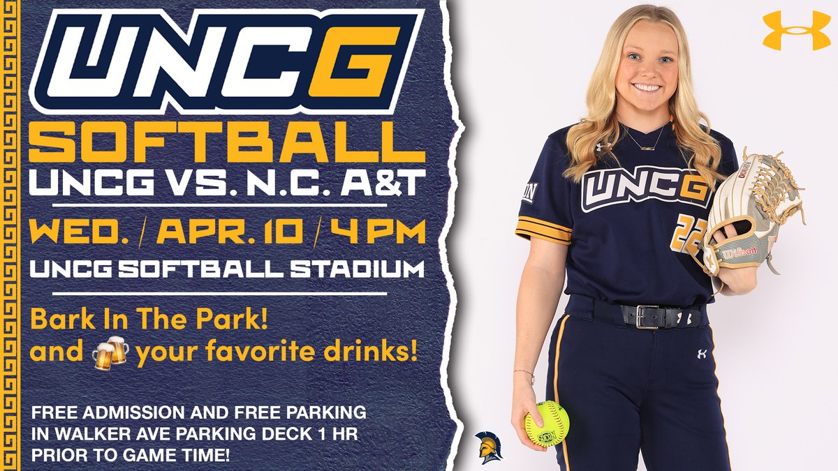 Hosting a cross-town non-conference rival tomorrow 💪 🆚 NC A&T 📅 Wednesday, April 10 🕓 4 PM 📍 Greensboro, N.C. 🏟️ UNCG Softball Stadium 🐕 Bark in the Park 🍻 Your favorite drinks 🎟️ FREE ADMISSION #letsgoG