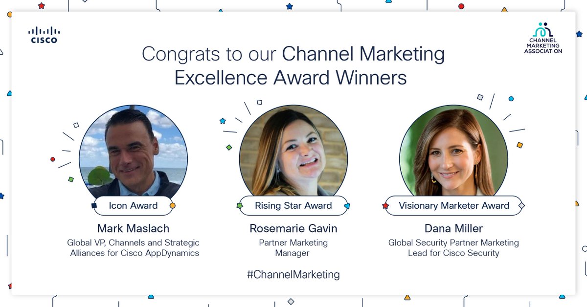 🏆 Kudos to @Cisco's #ChannelMarketing Excellence winners: Mark Maslach, Rosemarie Gavin, & Dana Miller, !  🌟

From industry shapers to trendsetting forward-thinkers — their contributions are extraordinary. 

Discover all the winners here: cs.co/6019wjyiT