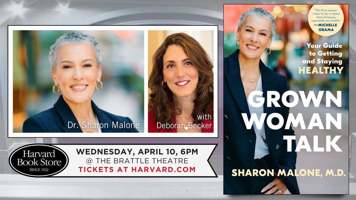 🗓️ ICYMI Wed, Apr 10, 6PM: FREE admission for tomorrow's book talk with @smalonemd about her newest book, 'Grown Woman Talk: Your Guide to Getting and Staying Healthy' at the @BrattleTheatre. RSVP for free tickets or get a book-included ticket. buff.ly/3U1QEWG