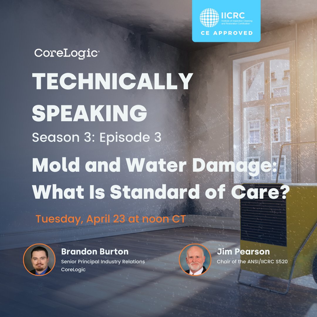 Join us in the next episode of Technically Speaking with guest, Jim Pearson, Chair of the ANSI/IICRC S520! 

Brandon and Jim will explore the implications of mold, and talk about the upcoming S520 update. 

Register now: clgx.co/4cNKnW4

#webinar #IICRC #mitigation