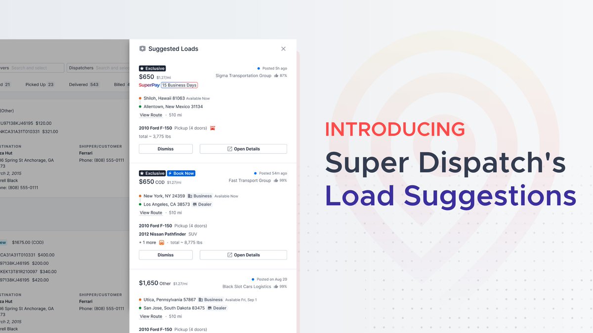 🚚💫 Revolutionize your load search with Super Dispatch's newest feature: Load Suggestions! Personalized, efficient, and exactly what you've been waiting for. It's time your loads matched YOU. Read more here: bit.ly/3vviYri #LoadSuggestionRevolution