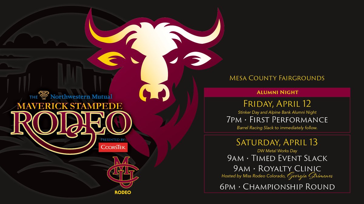 Colorado Mesa University (@coloradomesau) on Twitter photo Rodeo Weekend is here🤠 <a href="/CMUMavericks/">CMU Mavericks</a>
April 11➡️TreyTyn Homes Rodeo Roundup Kickoff Party
April 12-13➡️<a href="/NM_Financial/">Northwestern Mutual</a> Maverick Stampede Rodeo presented by <a href="/CoorsTekInc/">CoorsTek</a> at Mesa County Fairgrounds
Mavs enter rodeo free with MAVcard. Others, get 🎟️ below ⤵️
colomesa.info/3TQMtvN Rodeo Weekend is here🤠 <a href="/CMUMavericks/">CMU Mavericks</a>
April 11➡️TreyTyn Homes Rodeo Roundup Kickoff Party
April 12-13➡️<a href="/NM_Financial/">Northwestern Mutual</a> Maverick Stampede Rodeo presented by <a href="/CoorsTekInc/">CoorsTek</a> at Mesa County Fairgrounds
Mavs enter rodeo free with MAVcard. Others, get 🎟️ below ⤵️
colomesa.info/3TQMtvN