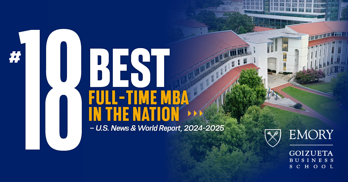 Exciting news! Goizueta continues to be recognized for providing world-class educational experiences and best-in-class career outcomes with its Full-Time MBA program ranking 18th nationwide, according to U.S. News & World Report! 👏 @usnews #rankings brnw.ch/21wIE9q