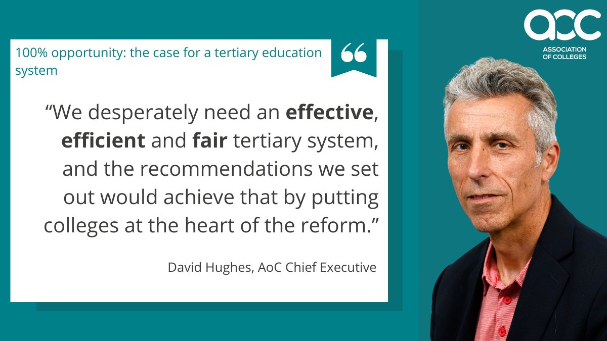 “We desperately need an effective, efficient and fair tertiary system, and the recommendations we set out would achieve that by putting colleges at the heart of the reform.' - @AoCDavidH comments on our 100% opportunity report published today. Read more: aoc.co.uk/policy/opportu…