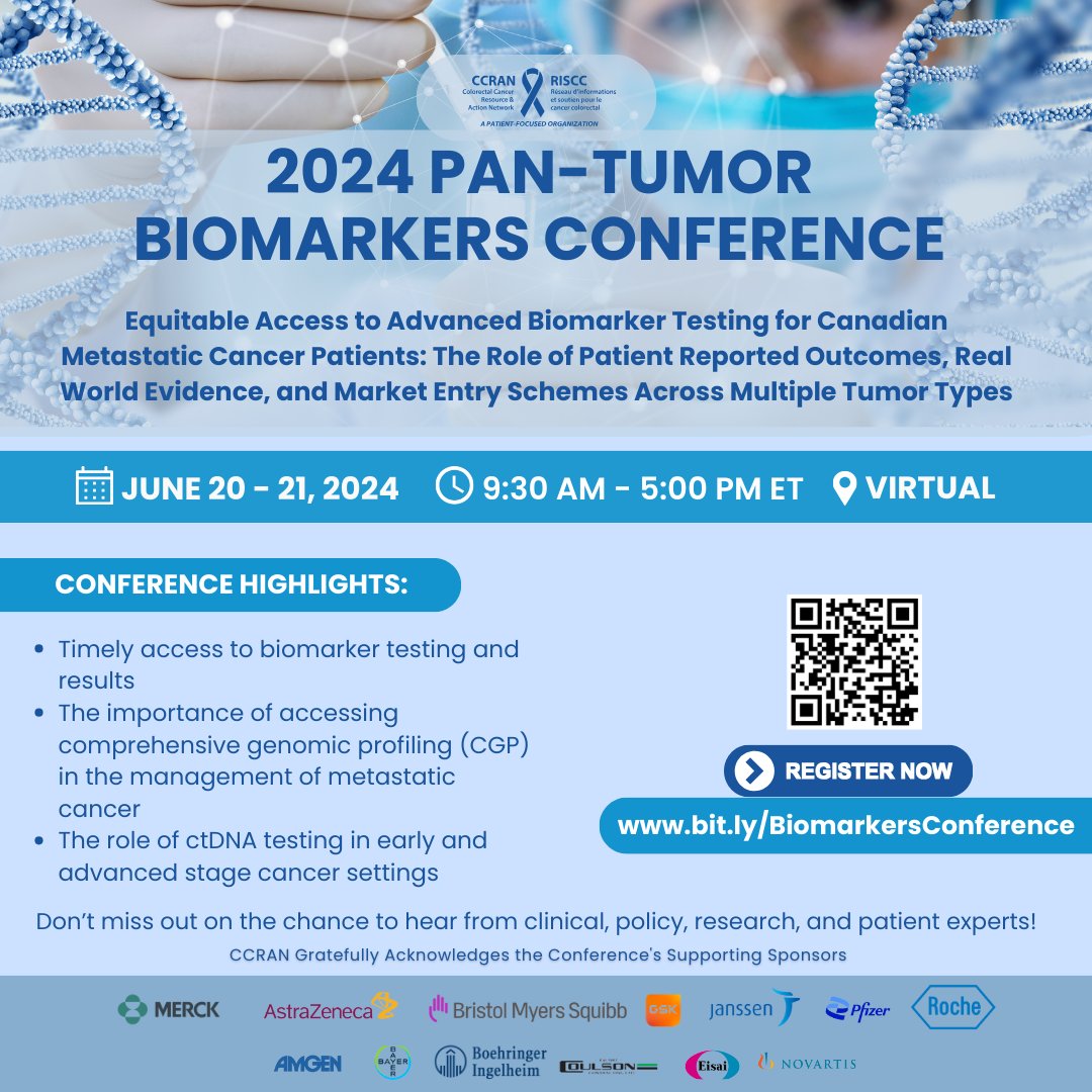 Equitable access to advanced biomarker testing is crucial for metastatic cancer patients in Canada. Join CCRAN's Pan-Tumor Biomarker Conference (June 20-21) to discuss timely biomarker results, comprehensive genomic profiling (CGP), ctDNA and more.