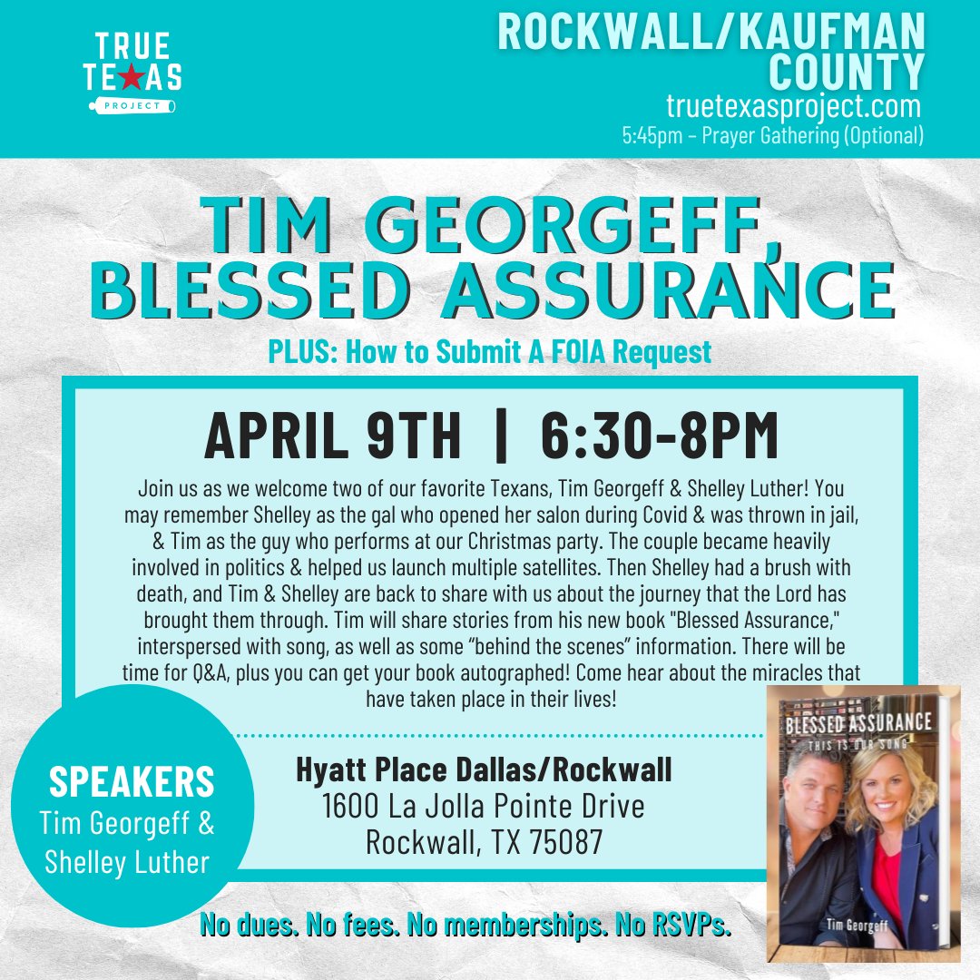 I'll see y'all in Rockwall tonight in our NEW location with <a href="/ShelleyLuther/">Shelley Luther</a> and <a href="/tgeorgeff/">Tim Georgeff</a> for the <a href="/TrueTXProject/">True Texas Project</a> gathering of patriots! Prepare to be INSPIRED!