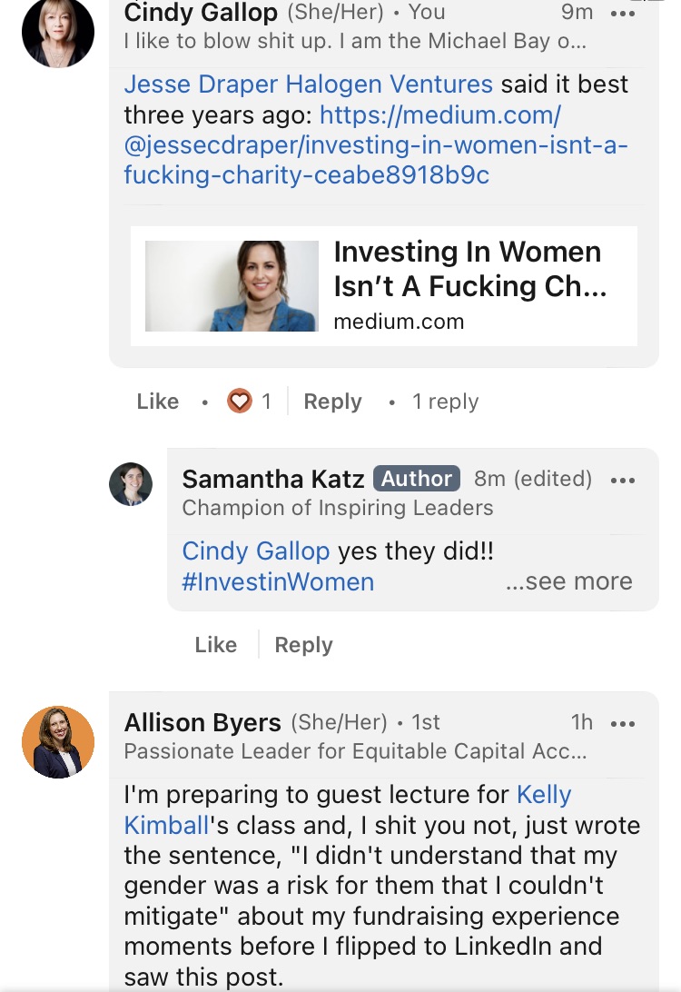Just another day on LI for we female founders who struggle to get funded. 'I didn't understand my gender was a risk for them that I couldn't mitigate' - @apbyers 😮 Male VCs/investors with the vision, foresight and contrarianism to realize that female founders are a massively…