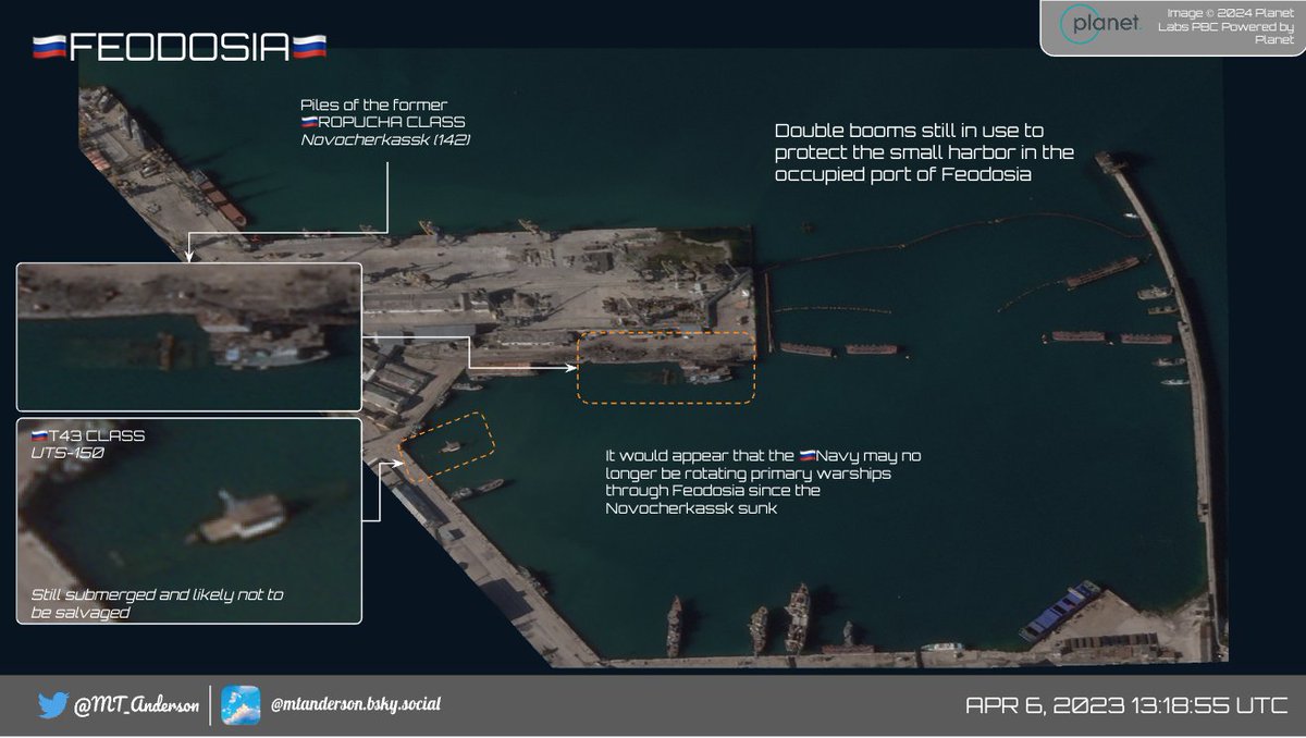 🇷🇺BLACK SEA FLEET🇷🇺 0.5m📷 (6 April 2024) of Novorossiysk, Feodosia & Sevastopol. Good view of where 🇷🇺Navy are positioning their vessels⬇️ Novorossiysk: primary warships, subs & assault ships Sevastopol: small missiles boats, AS ships, Minesweepers Feodosia: nothing