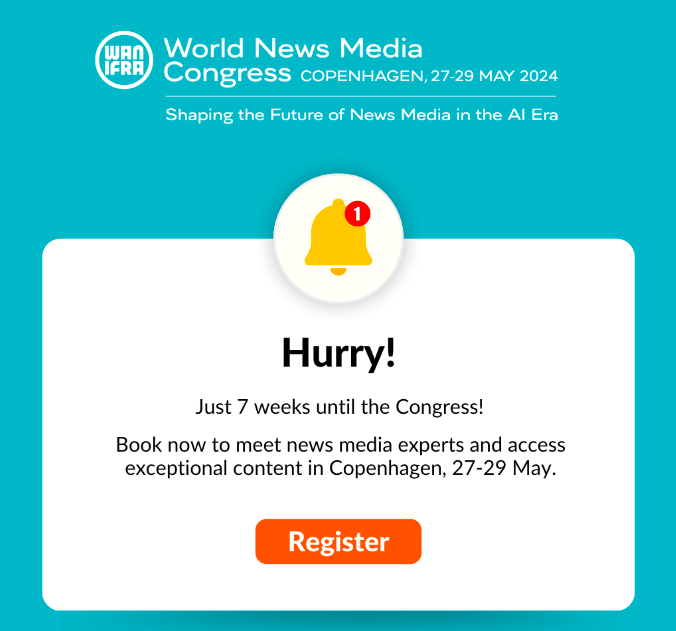 Just 7 weeks until our Copenhagen Congress! Register now and be among experts and peers trying to figure out the way forward. Exceptional speakers, programme and side events. Tickets are selling out fast, so reserve yours before it's too late! wan-ifra.org/events/wnmc24/ #WNMC24
