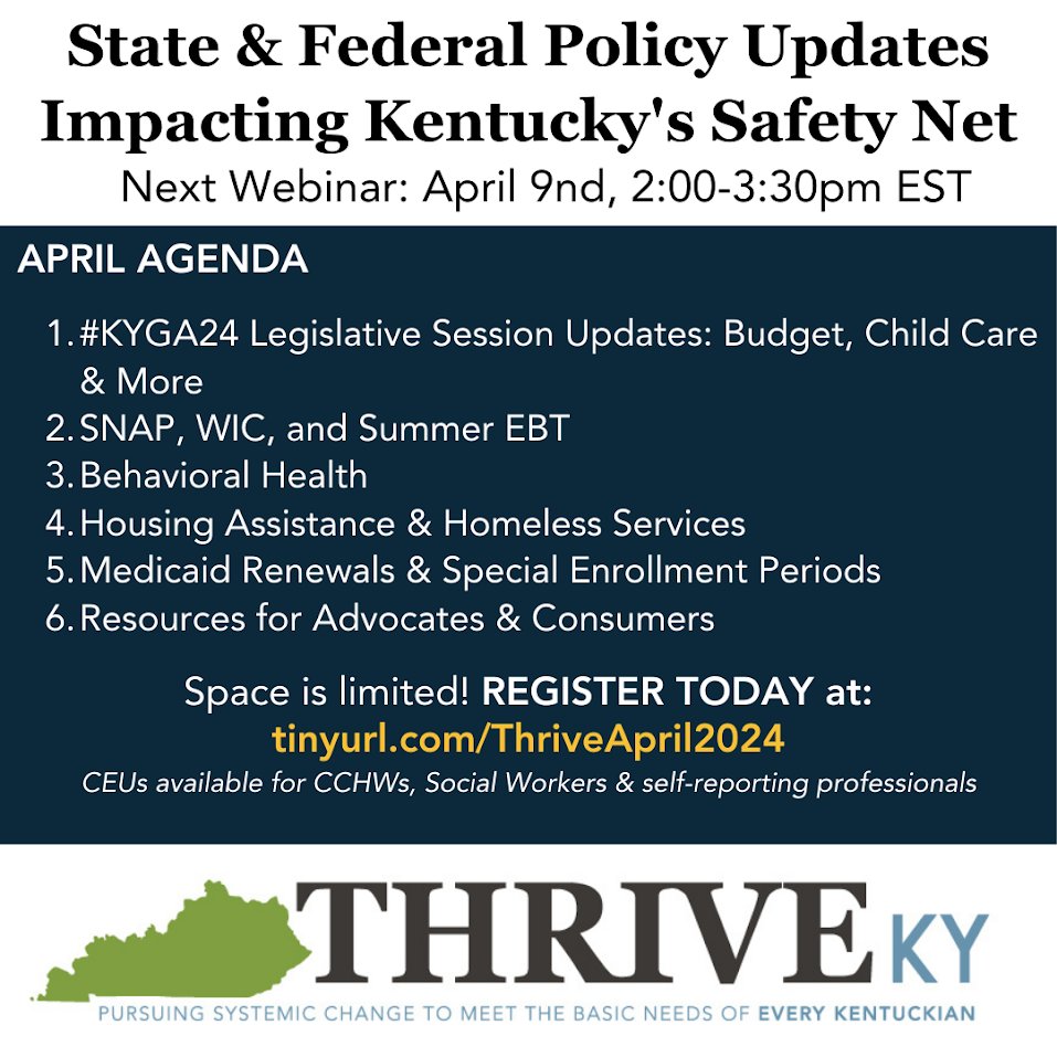 It's #KYGA24's final day of veto recess, and legislators are returning to Frankfort to finish out the session. #ThriveKY will be discussing all the latest developments plus updates on major programs like Medicaid, SNAP, and more LIVE @ 2PM ET. Join us: tinyurl.com/ThriveApril2024