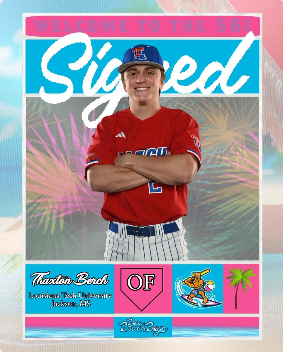 Announcing the next signee for the Boca Beach Boys! Thaxton Berch, Outfielder from Louisiana Tech University. Excited to see @BerchThaxton be electric on the diamond all summer long! 🌴⚾️🏖 #beachboys #collegebaseball #southfloridacollegiateleague #bocaraton