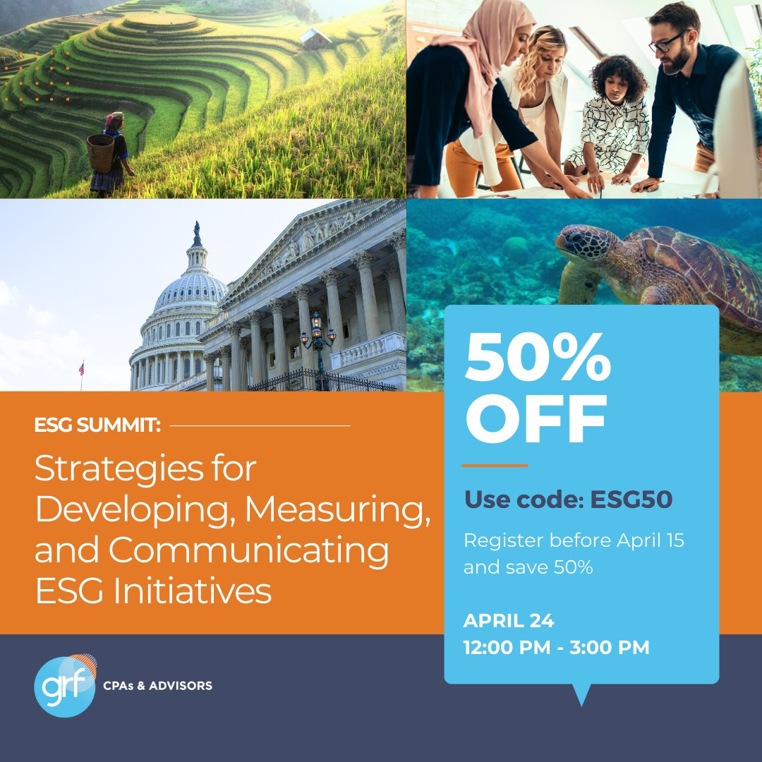 Join us for a half-day virtual summit bringing together ESG trailblazers to provide practical insights for implementing ESG initiatives within your organization.  Register before April 15 and save 50%! Use discount code ESG50.
hubs.la/Q02s5gFG0
#grfcpa #esg #accounting