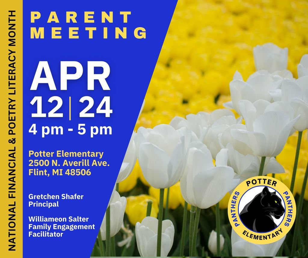 Calling all POTTER PANTHERS! April 12 - Join us for an engaging parent meeting packed with updates, resources, and important information! Stay informed, get involved, and empower your child's educational journey. Don't miss out! #ParentEngagement #StayInformed #EducationUpdates