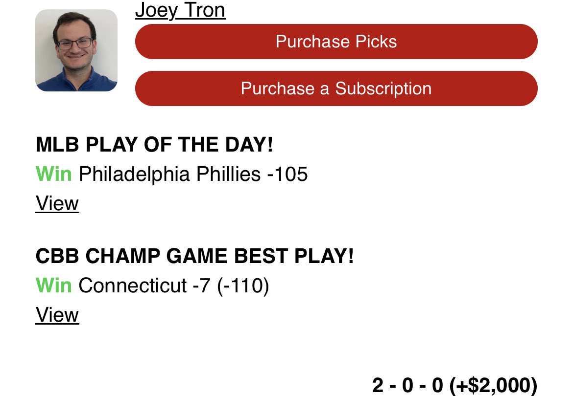 JoeyTron_'s tweet image. Tron: The Free Play
⚾️Phillies ML (-135)
pickadvisor.com/handicappers/j…

I have 1 #NBA and 1 #NHL play above.. Fresh off a 2-0 SWEEP yesterday. Let’s get it!!!

#SportsBettingTwitter #GamblingTwitter #SportsPicks #SportsPlays #FreePick #FreePlay