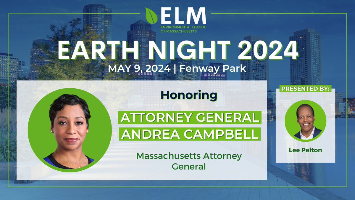 ELM is honored to celebrate @MassAGO Andrea Campbell at #EarthNight2024! She has been an unwavering advocate for MA’s communities for over a decade & has made #ClimateAction a top priority as Attorney General. Join us on May 9 at @fenwaypark: bit.ly/EarthNight2024