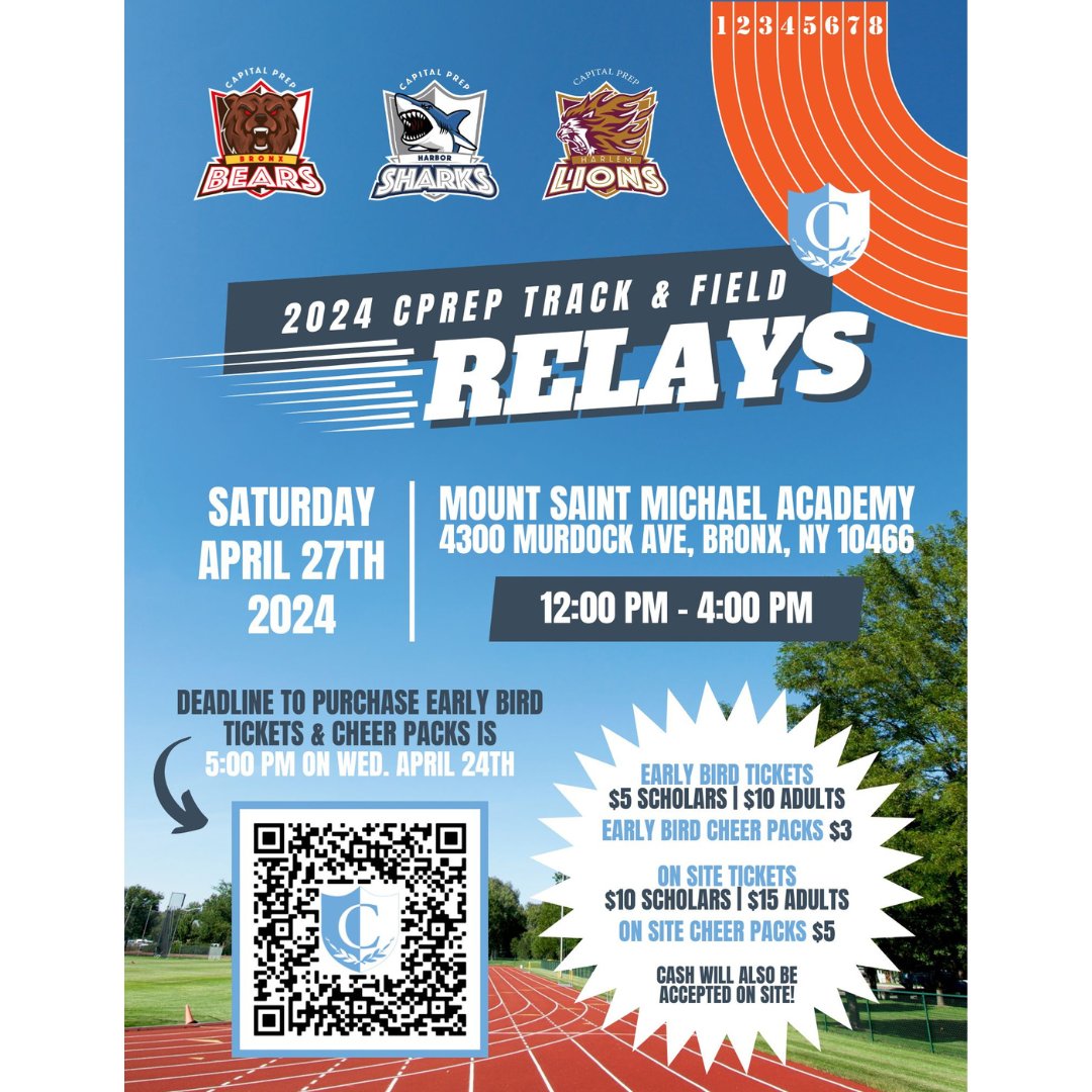 Ready? Get set... GO and mark your calendars for the 2024 CPREP Track and Field Relays! Purchase tix here: ow.ly/sW8I50RblTi

#WeAreCapitalPrep