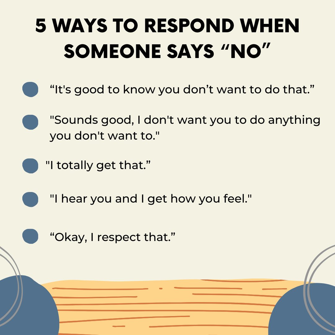 Hearing the word “no” can be hard. But every person has the right to express their boundaries and be respected. We can help youth understand consent and develop heathy responses to “no.” See the graphics to help you get started. #SAAM2024