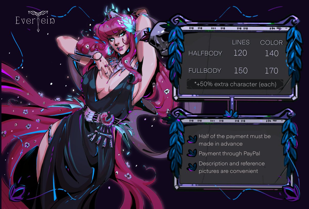 EverteinC's tweet image. Hello!🌸My commissions are Open! I'll open 3 slots this time!  They'll be avaiable in my HADES game style AND in my regular one!   If you have any questions, leave a comment below or send me a DM  ♥